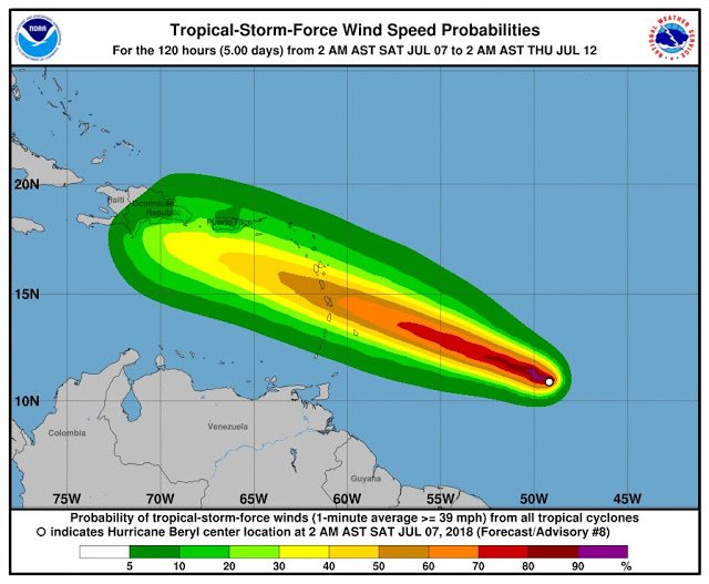 Huracán Beryl se ha debilitado; se disipará el martes cerca de la RD